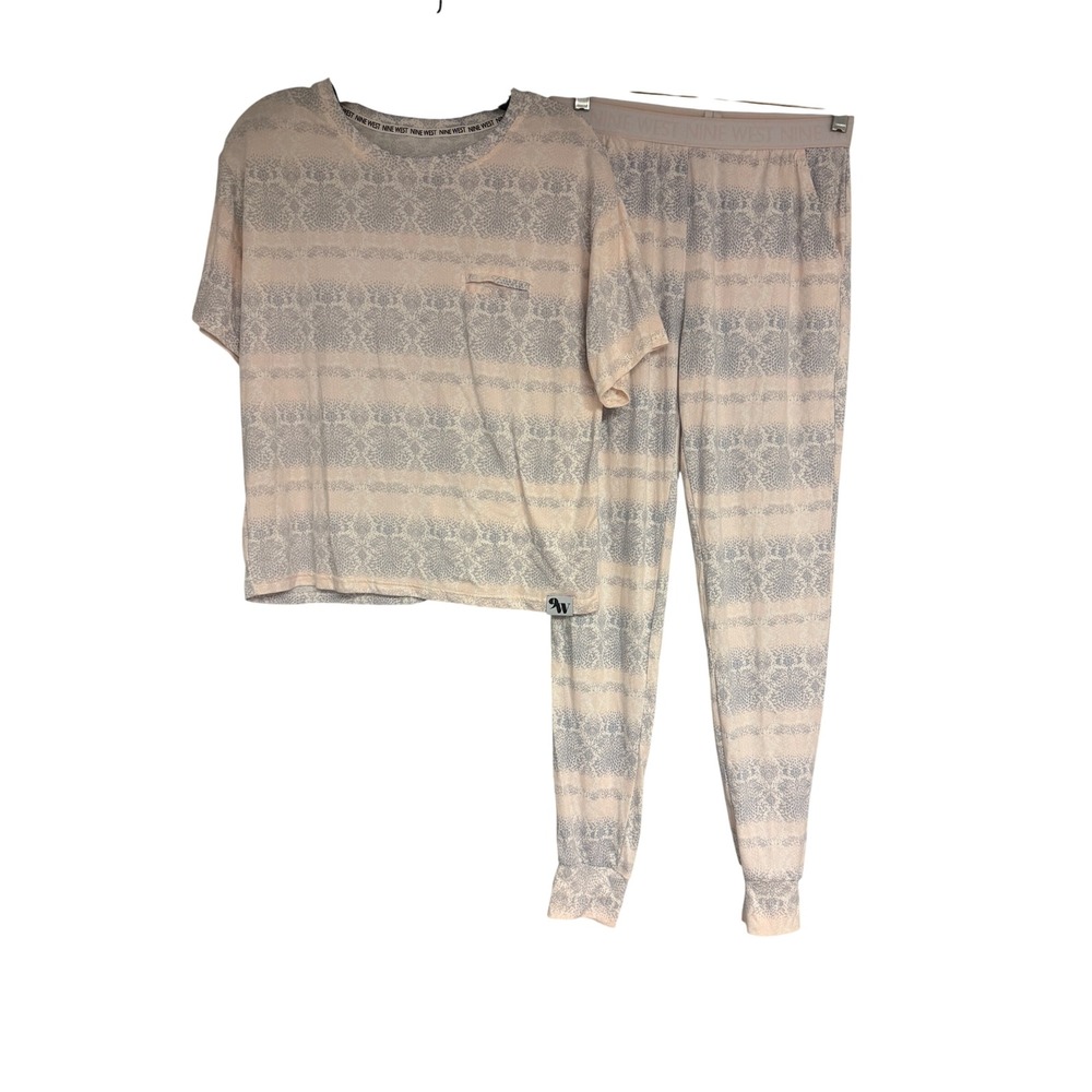 Nine West Womens Pajama‎ Set Med Peach Grey Damask Print Sleepwear 2pc FNWS5006B